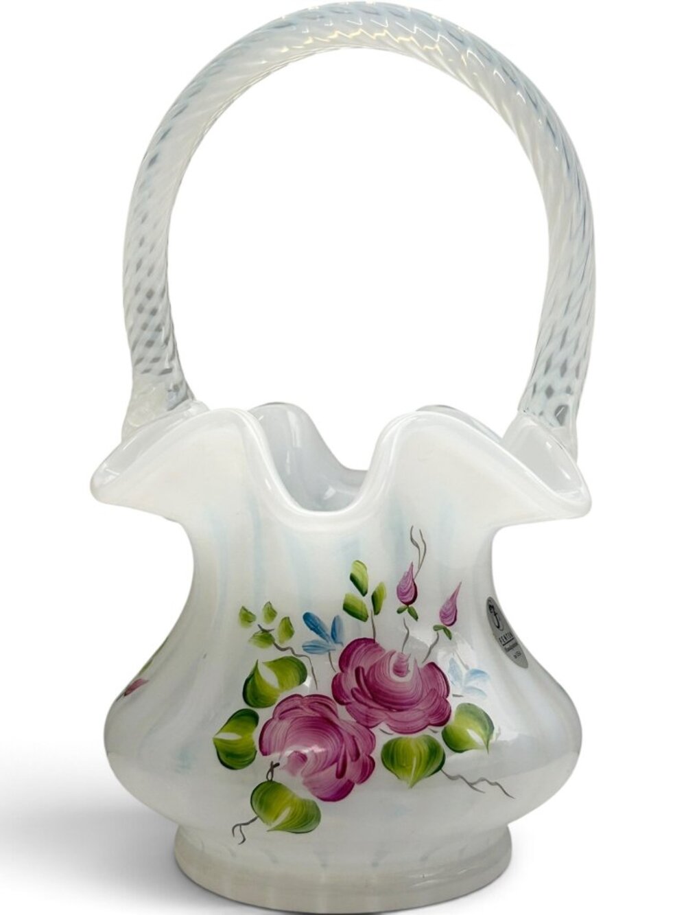 Fenton Art Glass Basket Hand Painted S Davis Floral Rose Ruffled 8 In Pre-Owned